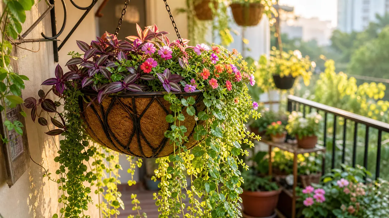 绿植挂篮种植指南：选购自制、品种搭配与浇水防滴实操
