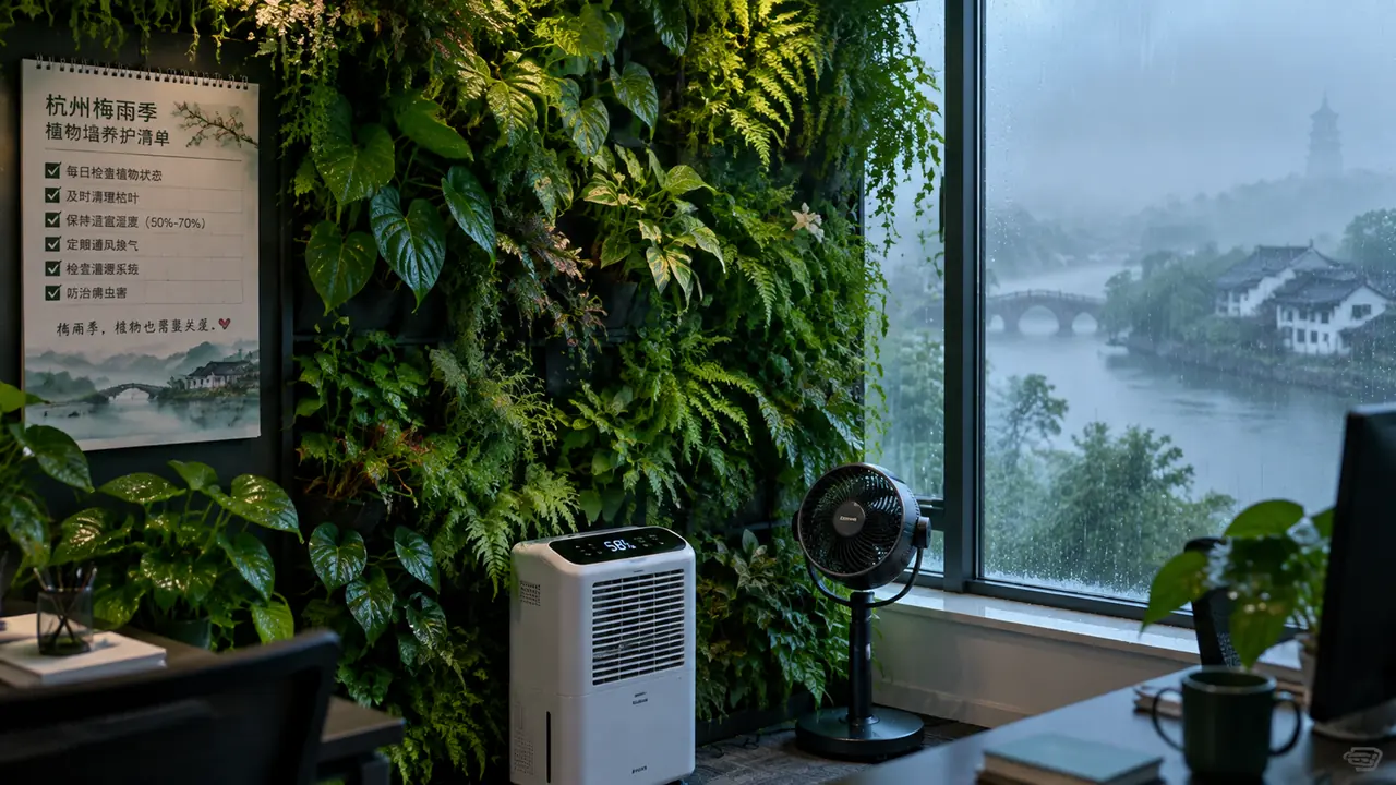 杭州绿植墙梅雨季应对指南：光照湿度通风三重挑战与前后养护清单