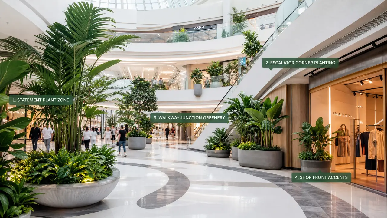 商场绿植摆放的点位逻辑：中庭、扶梯转角、动线交汇与店铺门前怎么配