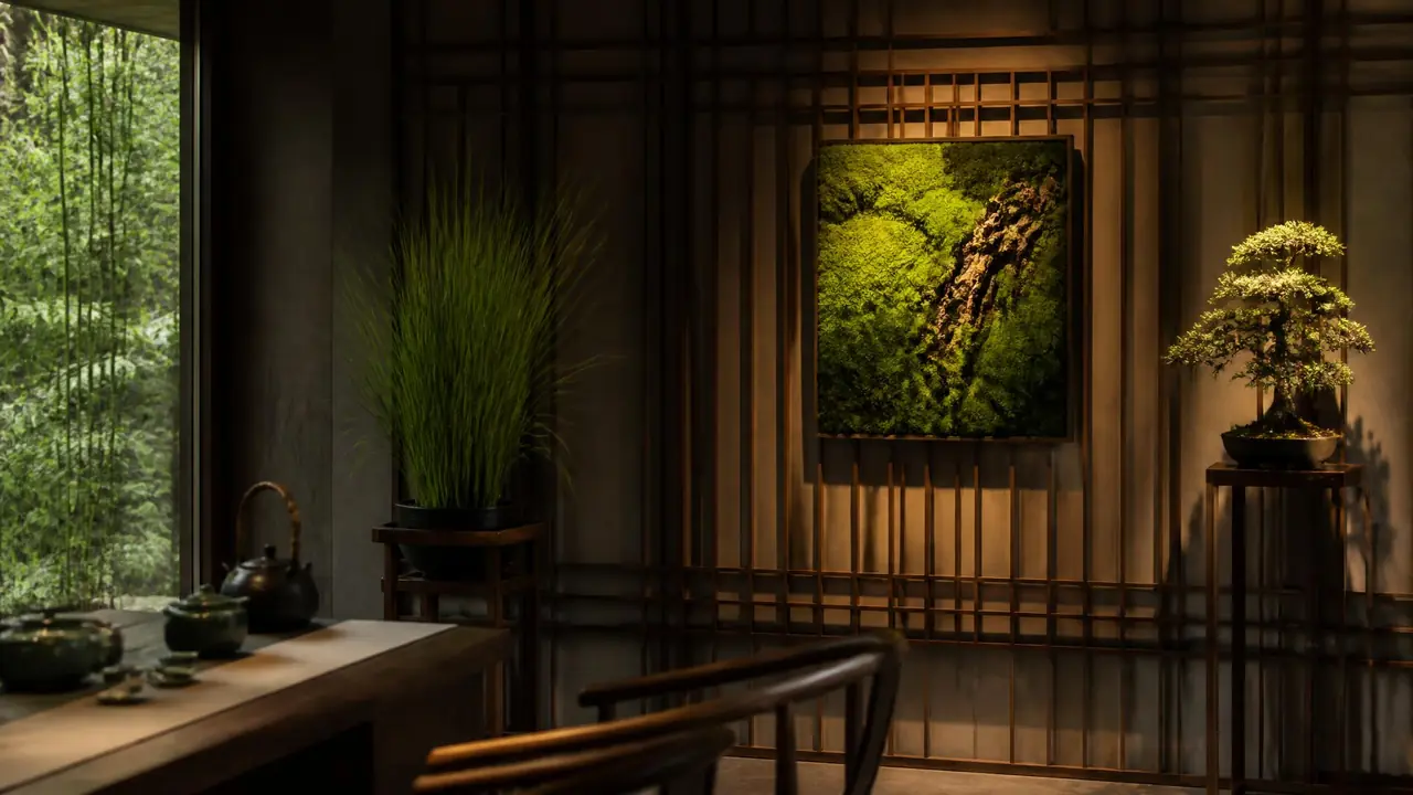 中式绿植墙怎么做才有味道？木格栅、苔藓画和留白比例全给你