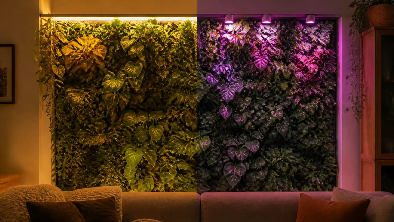 绿植墙照明用装饰灯还是补光灯？晚上开灯的效果和电费，一笔账算清