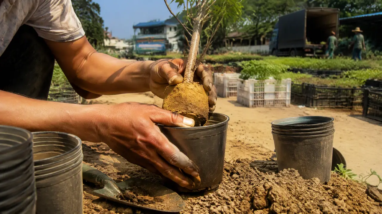 长沙绿植基地直采实录：黄泥巴土球苗怎么上盆，夏季拉货怎么保苗