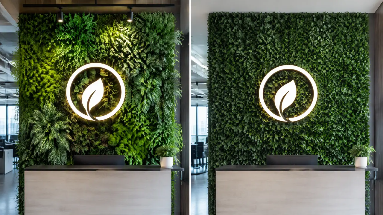 绿植墙形象墙怎么做？前台LOGO墙真植物与仿真怎么选