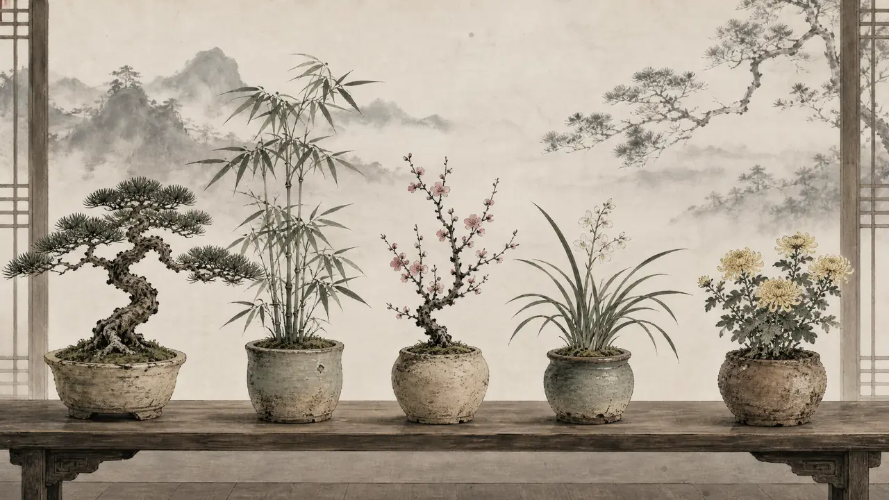 绿植中式搭配怎么做？松竹梅兰菊落地成品种，玄关茶室书房照着摆