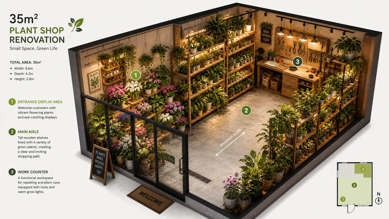 小型绿植店装修效果图怎么落地？三四十平小店的动线地面和灯光账