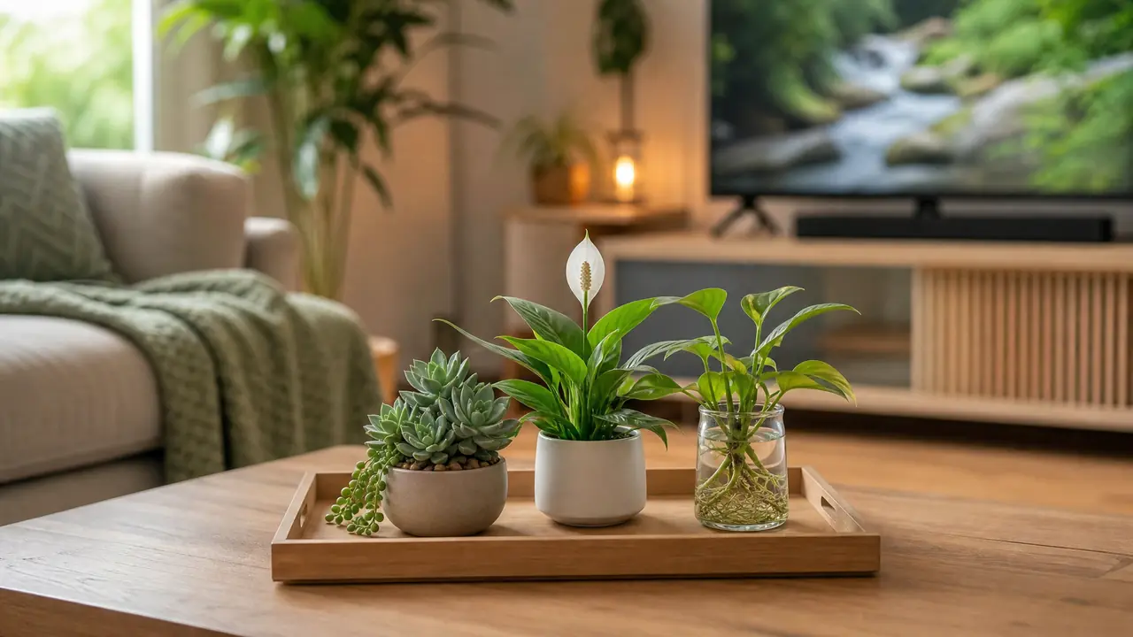 客厅绿植茶几怎么摆？矮生小盆栽和托盘的不挡视线方案